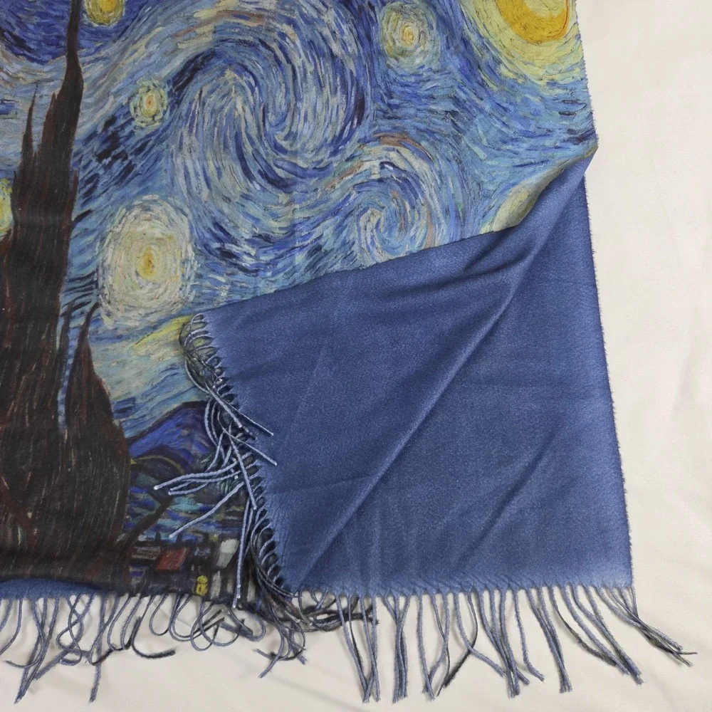 VAN GOGH Starry Night Scarf Wrap Wearable Art Fringed Shawl Cashmere Blend 28x70
